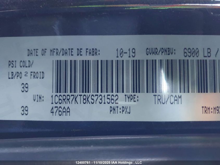 2019 Ram 1500 Classic St VIN: 1C6RR7KT8KS731562 Lot: 12450761