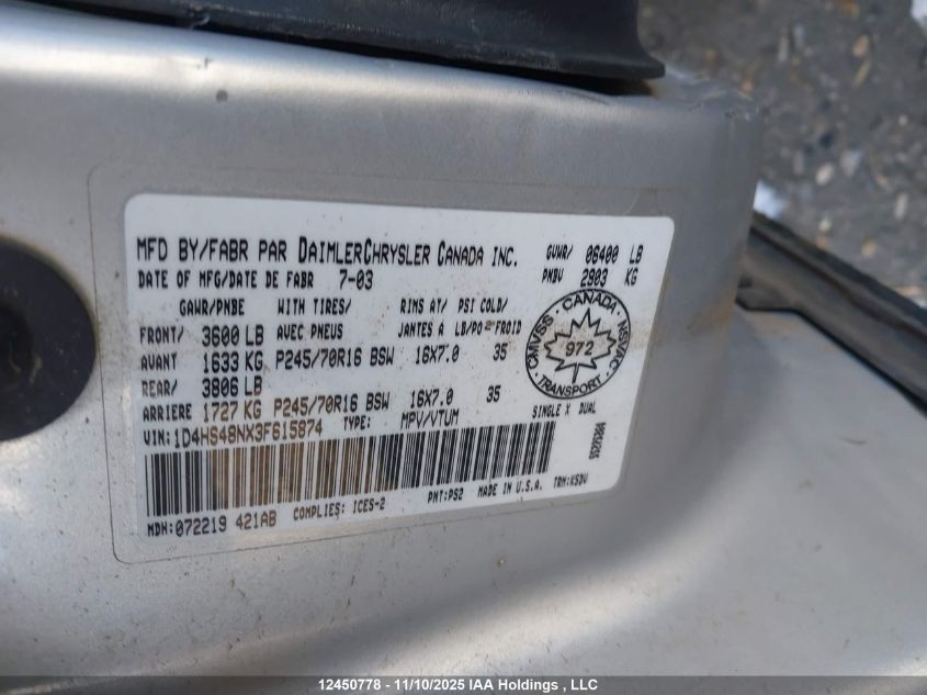 2003 Dodge Durango Slt VIN: 1D4HS48NX3F615874 Lot: 12450778