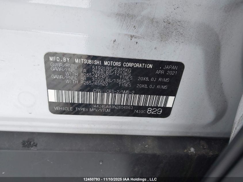 2022 Mitsubishi Outlander Le/Le Premium/Se/Sel VIN: JA4J4UA83NZ604563 Lot: 12450793