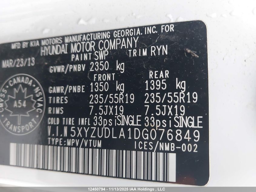 2013 Hyundai Santa Fe Sport VIN: 5XYZUDLA1DG076849 Lot: 12450794