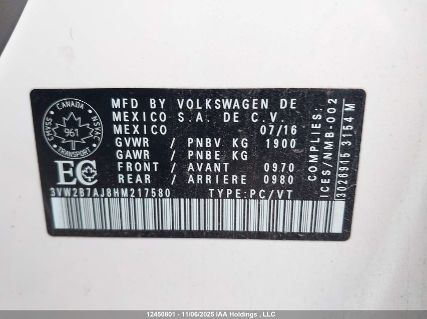 2017 Volkswagen Jetta Sedan VIN: 3VW2B7AJ8HM217580 Lot: 12450801