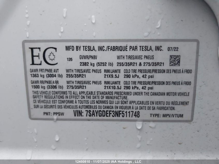 2022 Tesla Model Y VIN: 7SAYGDEF3NF511748 Lot: 12450810