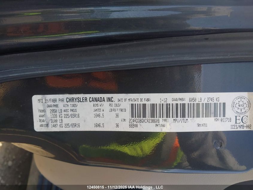 2012 Dodge Grand Caravan Se/Sxt VIN: 2C4RDGBGXCR238608 Lot: 12450815