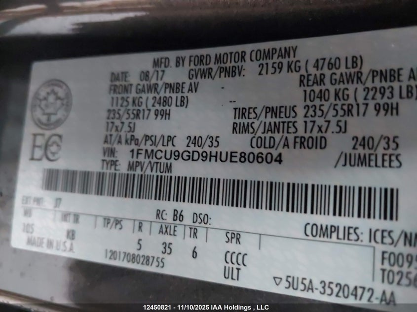 2017 Ford Escape Se VIN: 1FMCU9GD9HUE80604 Lot: 12450821