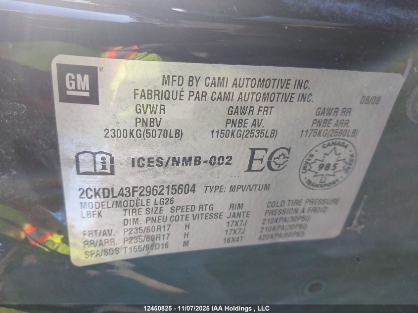 2009 Pontiac Torrent VIN: 2CKDL43F296215604 Lot: 12450825