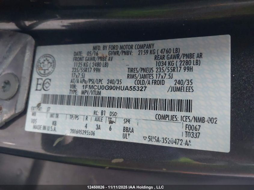 2017 Ford Escape Se VIN: 1FMCU0G90HUA55327 Lot: 12450826