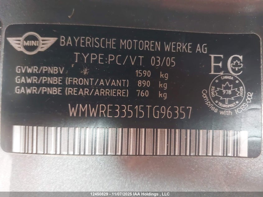 2005 Mini Cooper S VIN: WMWRE33515TG96357 Lot: 12450829