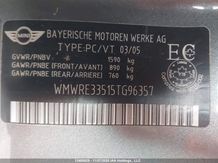 2005 Mini Cooper S VIN: WMWRE33515TG96357 Lot: 12450829