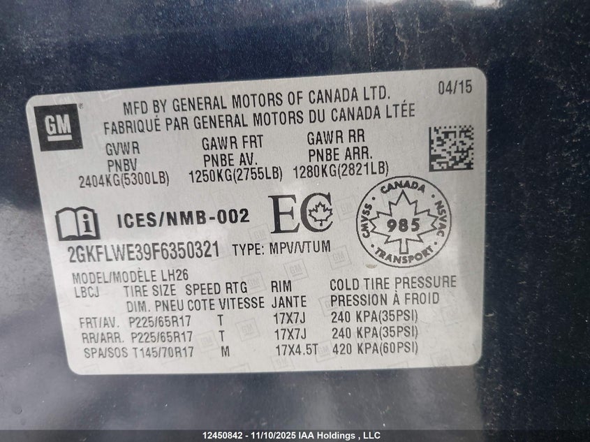 2GKFLWE39F6350321 2015 GMC TERRAIN photo no. 9