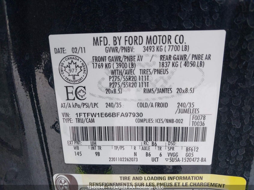 2011 Ford F-150 Platinum VIN: 1FTFW1E66BFA97930 Lot: 12450846