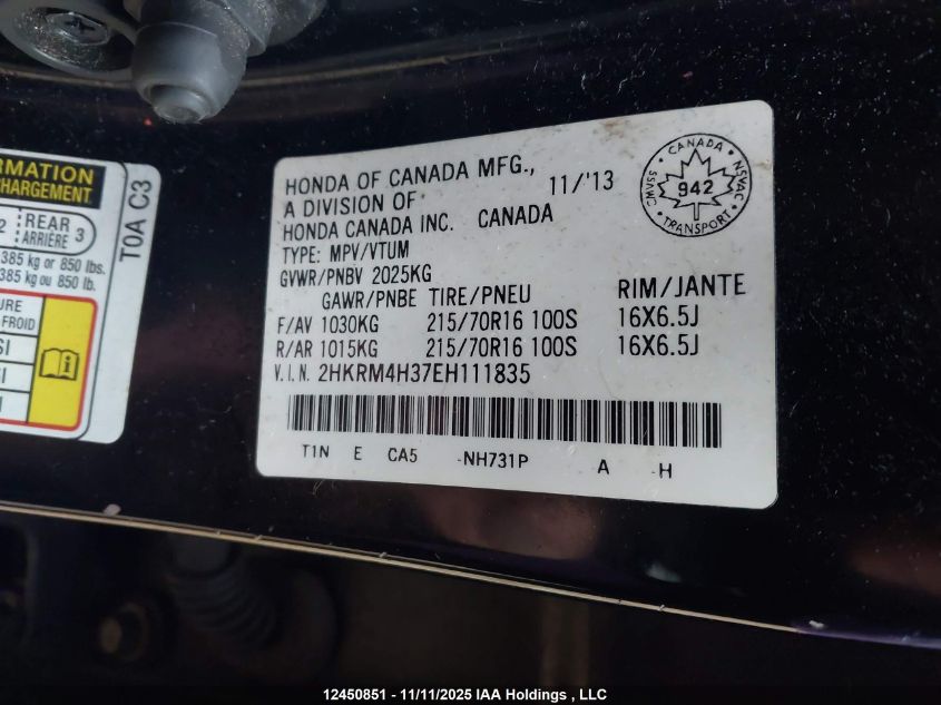 2014 Honda Cr-V Lx VIN: 2HKRM4H37EH111835 Lot: 12450851