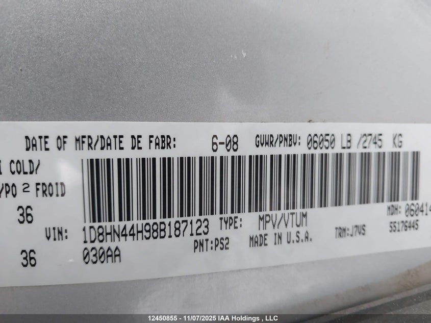 1D8HN44H98B187123 2008 DODGE CARAVAN photo no. 9