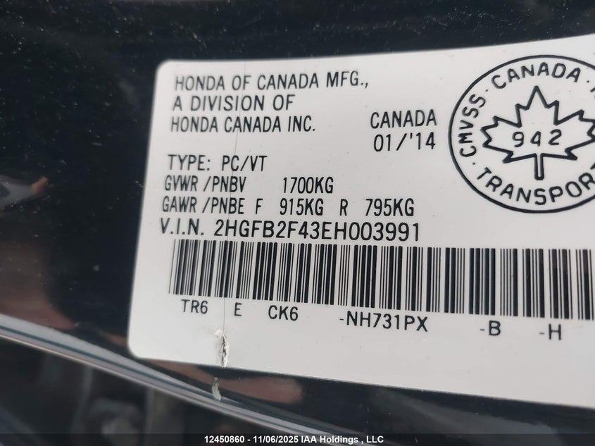 2014 Honda Civic Lx VIN: 2HGFB2F43EH003991 Lot: 12450860