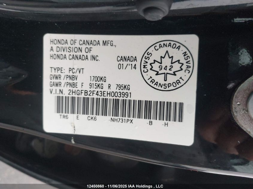 2014 Honda Civic Lx VIN: 2HGFB2F43EH003991 Lot: 12450860