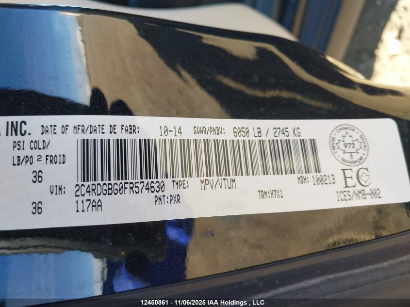 2015 Dodge Grand Caravan Se VIN: 2C4RDGBG0FR574630 Lot: 12450861