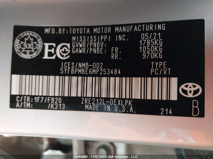 2021 Toyota Corolla Le VIN: 5YFBPMBE6MP253484 Lot: 12450868