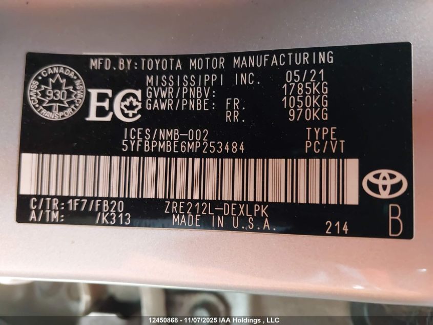 2021 Toyota Corolla Le VIN: 5YFBPMBE6MP253484 Lot: 12450868