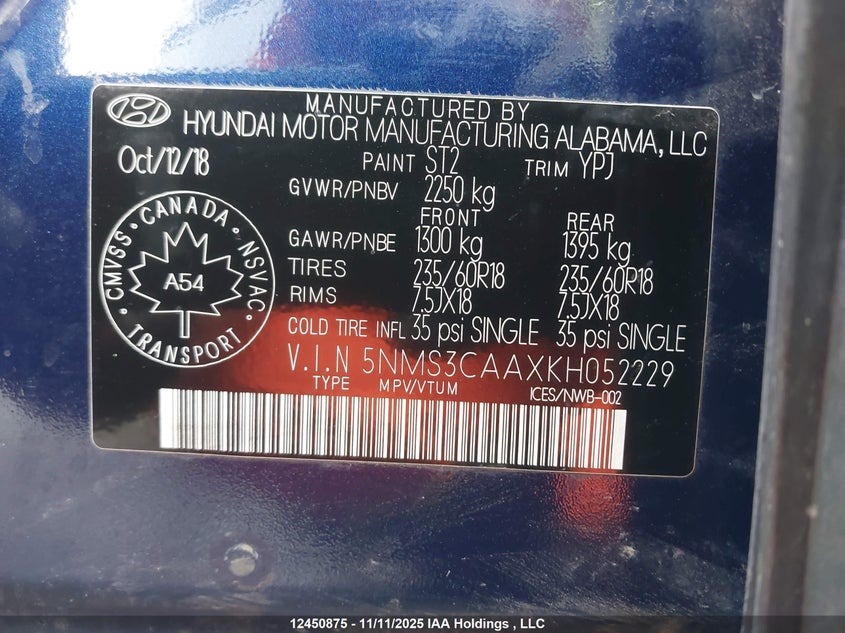 5NMS3CAAXKH052229 2019 HYUNDAI SANTA FE photo no. 9