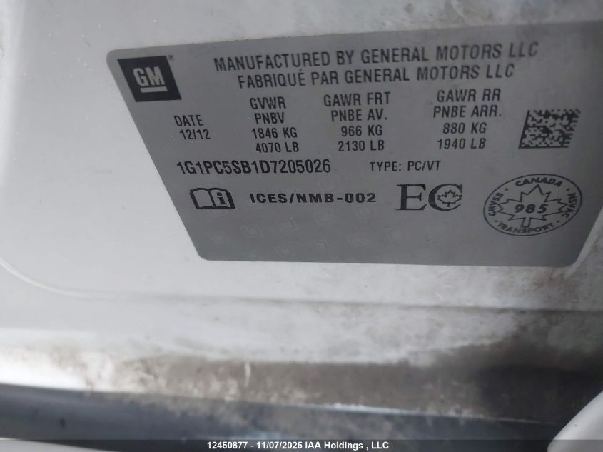 2013 Chevrolet Cruze Lt Turbo VIN: 1G1PC5SB1D7205026 Lot: 12450877