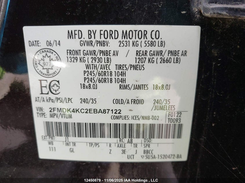 2FMDK4KC2EBA87122 2014 FORD EDGE photo no. 9