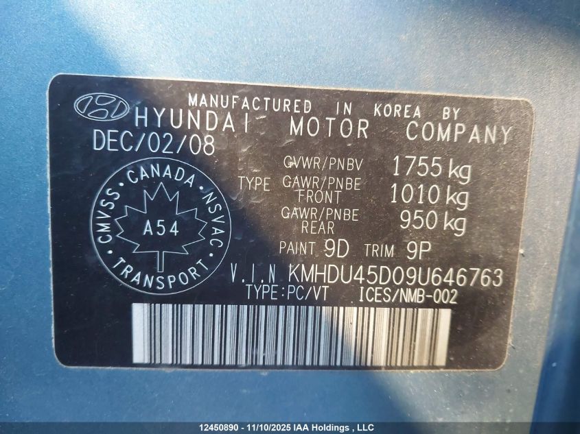 2009 Hyundai Elantra Gls/Se VIN: KMHDU45D09U646763 Lot: 12450890