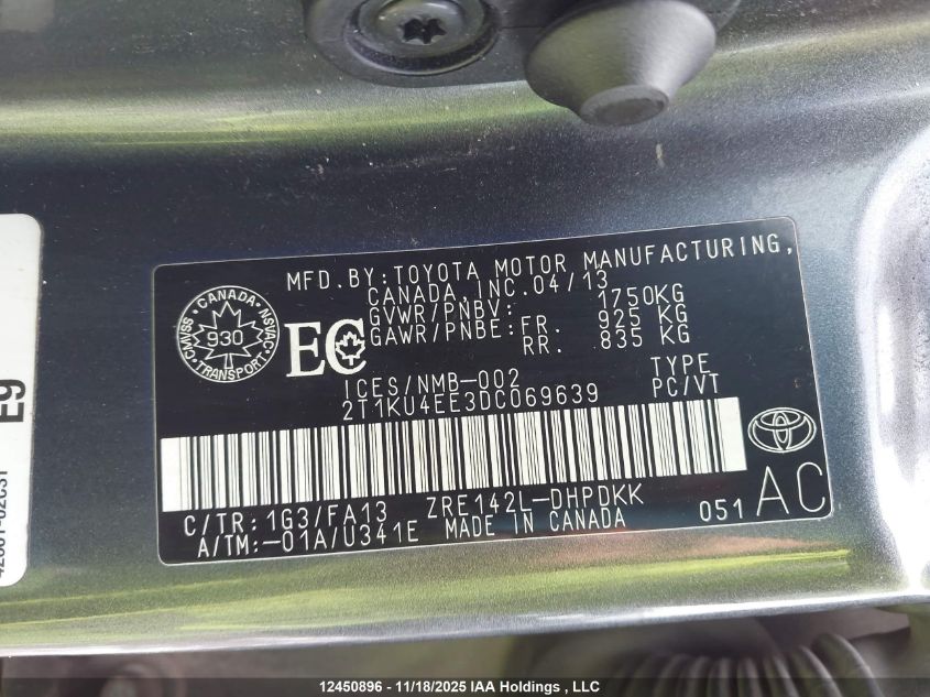 2013 Toyota Matrix VIN: 2T1KU4EE3DC069639 Lot: 12450896