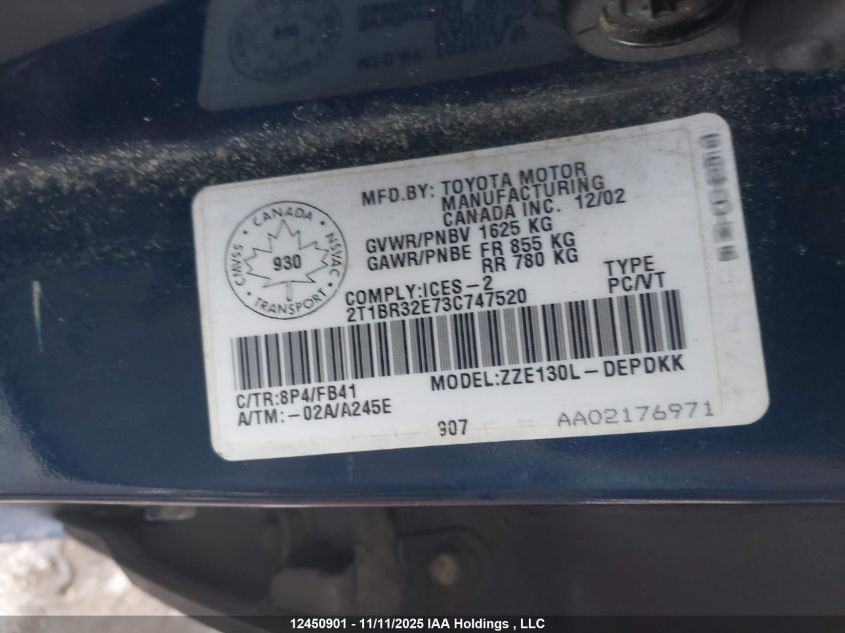 2003 Toyota Corolla VIN: 2T1BR32E73C747520 Lot: 12450901