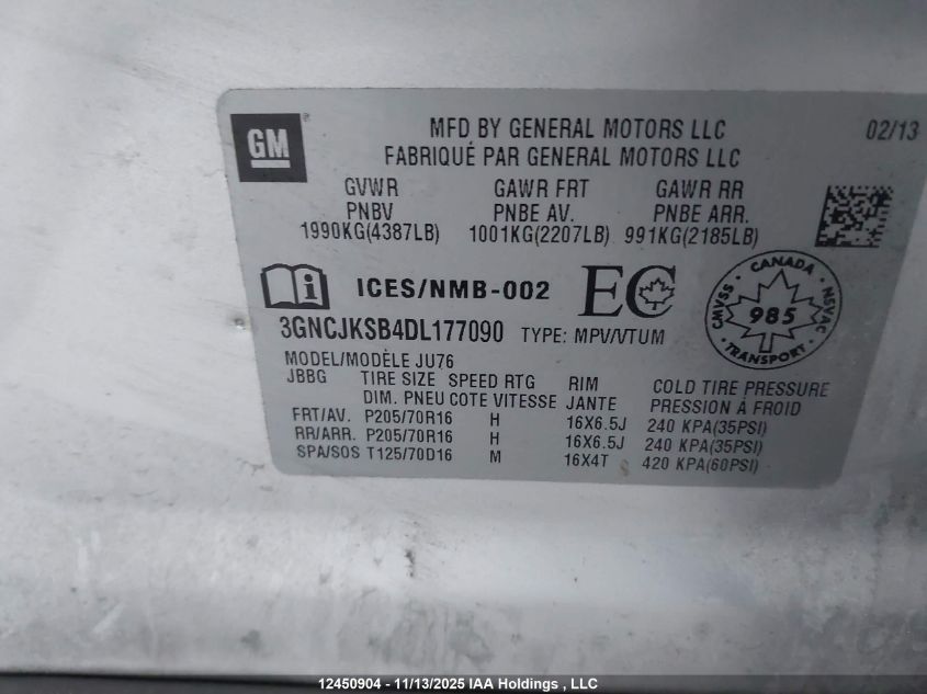 2013 Chevrolet Trax Ls VIN: 3GNCJKSB4DL177090 Lot: 12450904