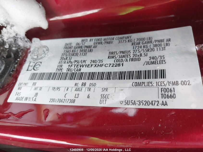 2017 Ford F150 Supercrew VIN: 1FTEW1EFXHFC72281 Lot: 12450908