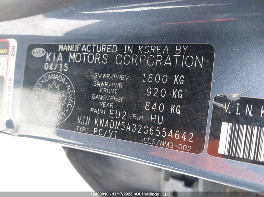 2016 Kia Rio Lx VIN: KNADM5A32G6554642 Lot: 12450910