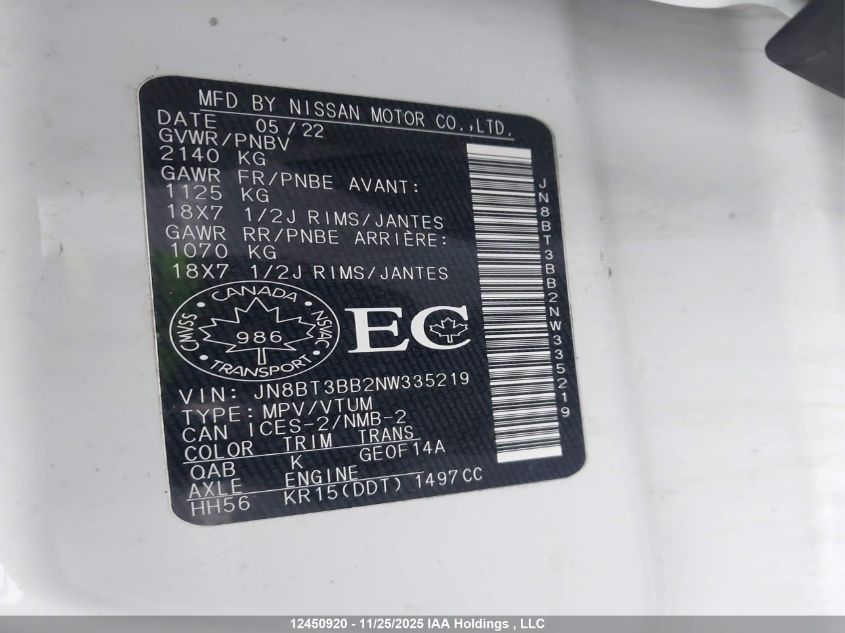 2022 Nissan Rogue Sv VIN: JN8BT3BB2NW335219 Lot: 12450920