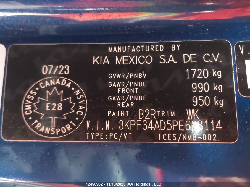 2023 Kia Forte Ex/Ex+/Ex Premium VIN: 3KPF34AD5PE668114 Lot: 12450932