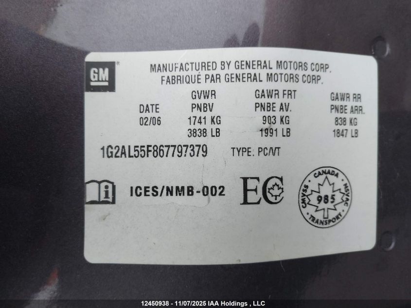 2006 Pontiac Pursuit Se VIN: 1G2AL55F867797379 Lot: 12450938