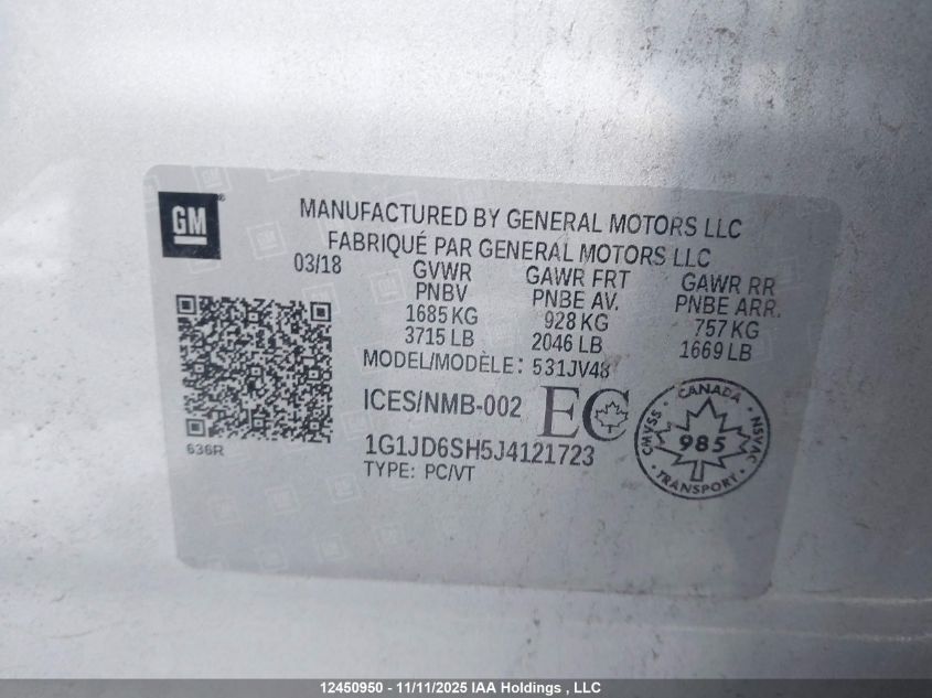 2018 Chevrolet Sonic Lt Auto VIN: 1G1JD6SH5J4121723 Lot: 12450950