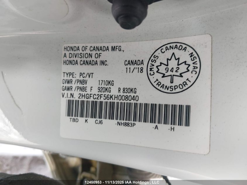 2019 Honda Civic Lx VIN: 2HGFC2F56KH008040 Lot: 12450953