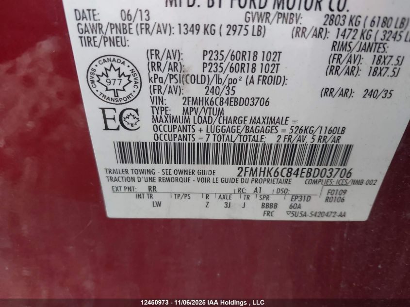 2014 Ford Flex VIN: 2FMHK6C84EBD03706 Lot: 12450973