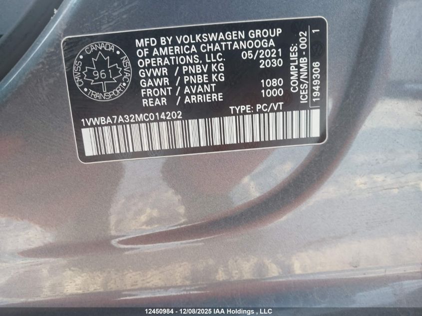 2021 Volkswagen Passat Highline VIN: 1VWBA7A32MC014202 Lot: 12450984