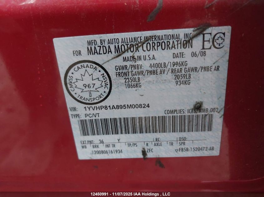 2009 Mazda 6 I VIN: 1YVHP81A895M00824 Lot: 12450991