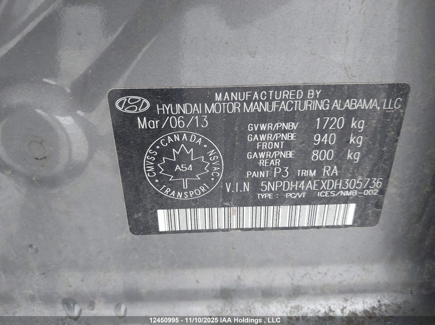 2013 Hyundai Elantra VIN: 5NPDH4AEXDH305736 Lot: 12450995