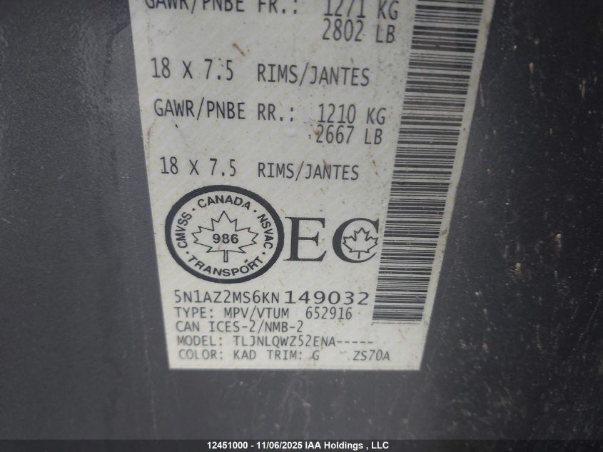 2019 Nissan Murano Platinum/Sl/Sv VIN: 5N1AZ2MS6KN149032 Lot: 12451000