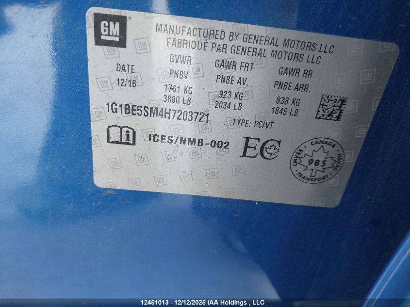 2017 Chevrolet Cruze Lt Auto VIN: 1G1BE5SM4H7203721 Lot: 12451013