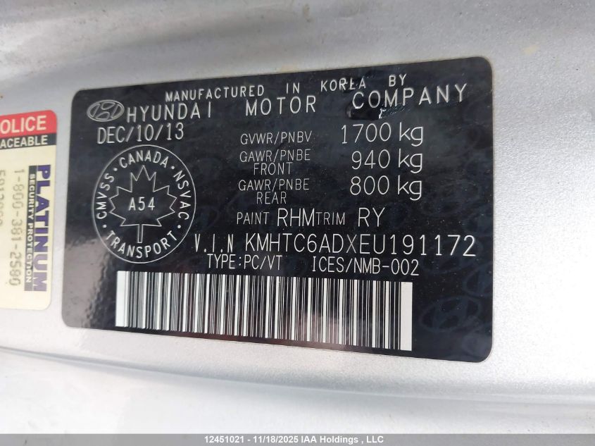 2014 Hyundai Veloster VIN: KMHTC6ADXEU191172 Lot: 12451021