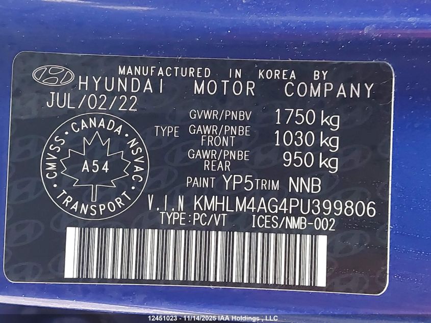 2023 Hyundai Elantra VIN: KMHLM4AG4PU399806 Lot: 12451023