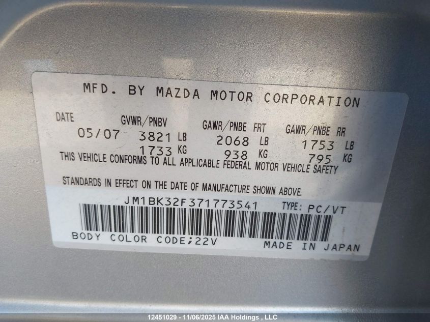 2007 Mazda Mazda3 Gs/Gx VIN: JM1BK32F371773541 Lot: 12451029