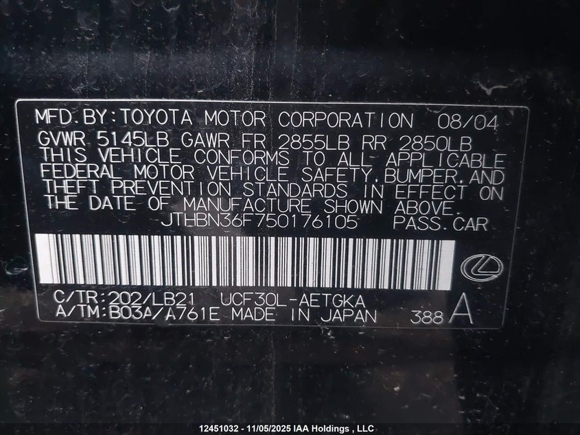 JTHBN36F750176105 2005 LEXUS LS photo no. 9