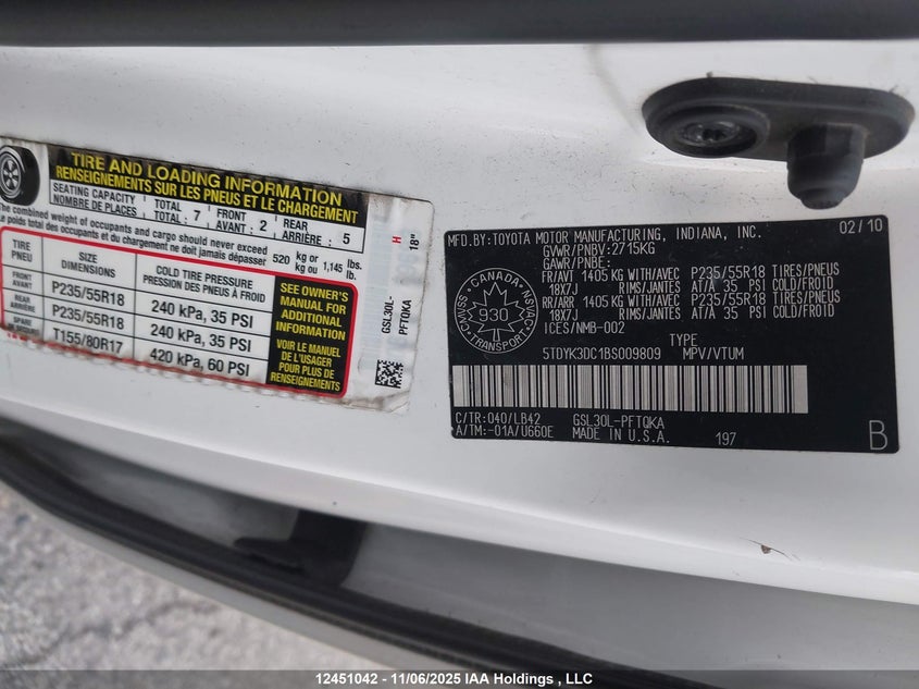 5TDYK3DC1BS009809 2011 TOYOTA SIENNA photo no. 9