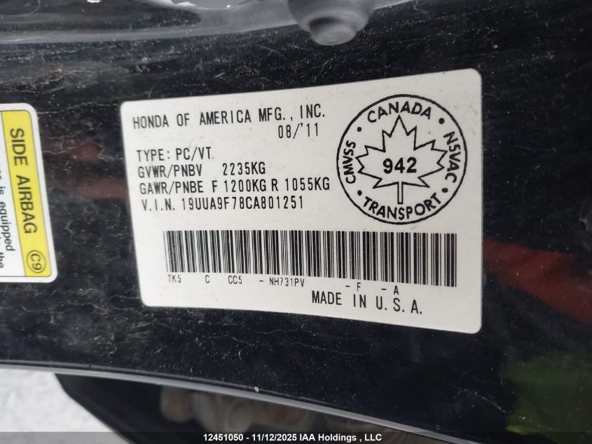 2012 Acura Tl VIN: 19UUA9F78CA801251 Lot: 12451050