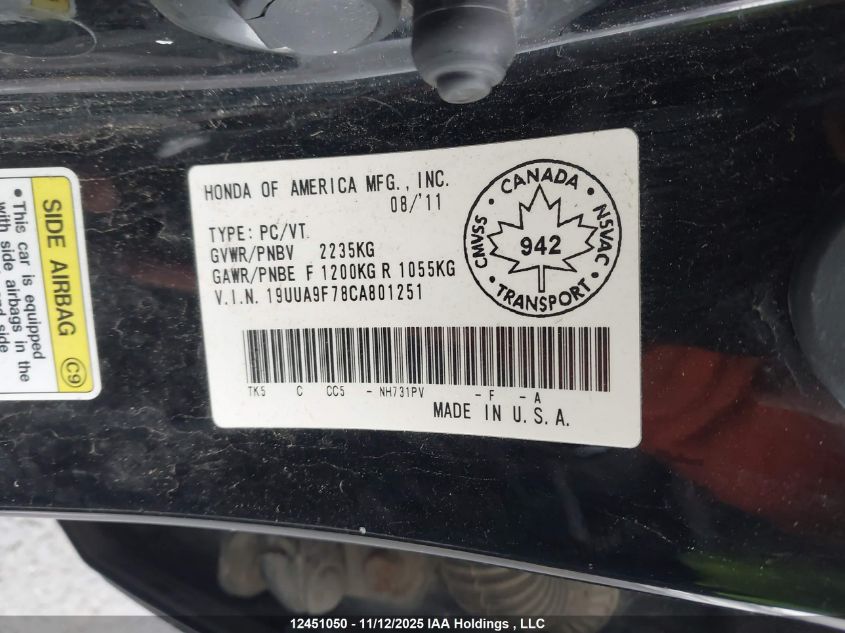 2012 Acura Tl VIN: 19UUA9F78CA801251 Lot: 12451050