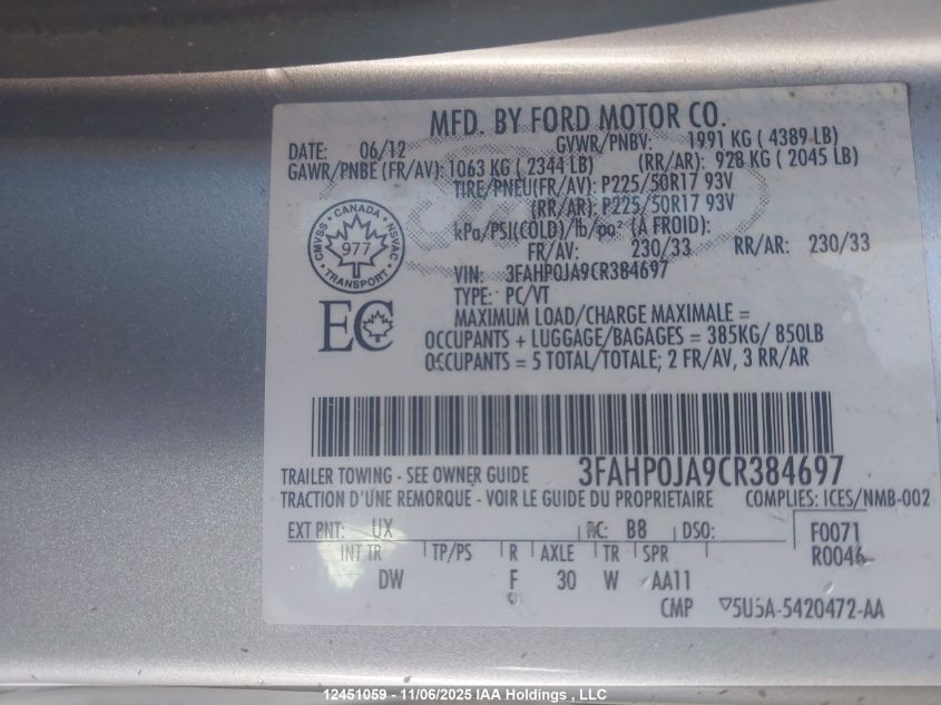 2012 Ford Fusion Sel VIN: 3FAHP0JA9CR384697 Lot: 12451059