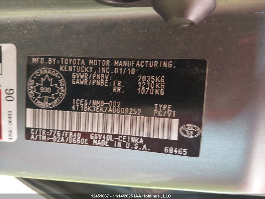 4T1BK3EK7AU609252 2010 TOYOTA CAMRY photo no. 9